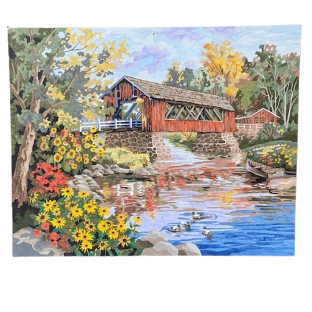 Completed Paint By Number Covered Bridge Country Scene Ducks Gallery Wall